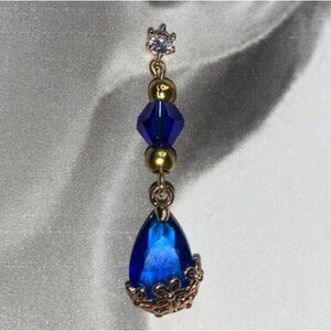 Cubic Zirconia Post Stud Earrings w Dangling Blue Polished Crystal Glass